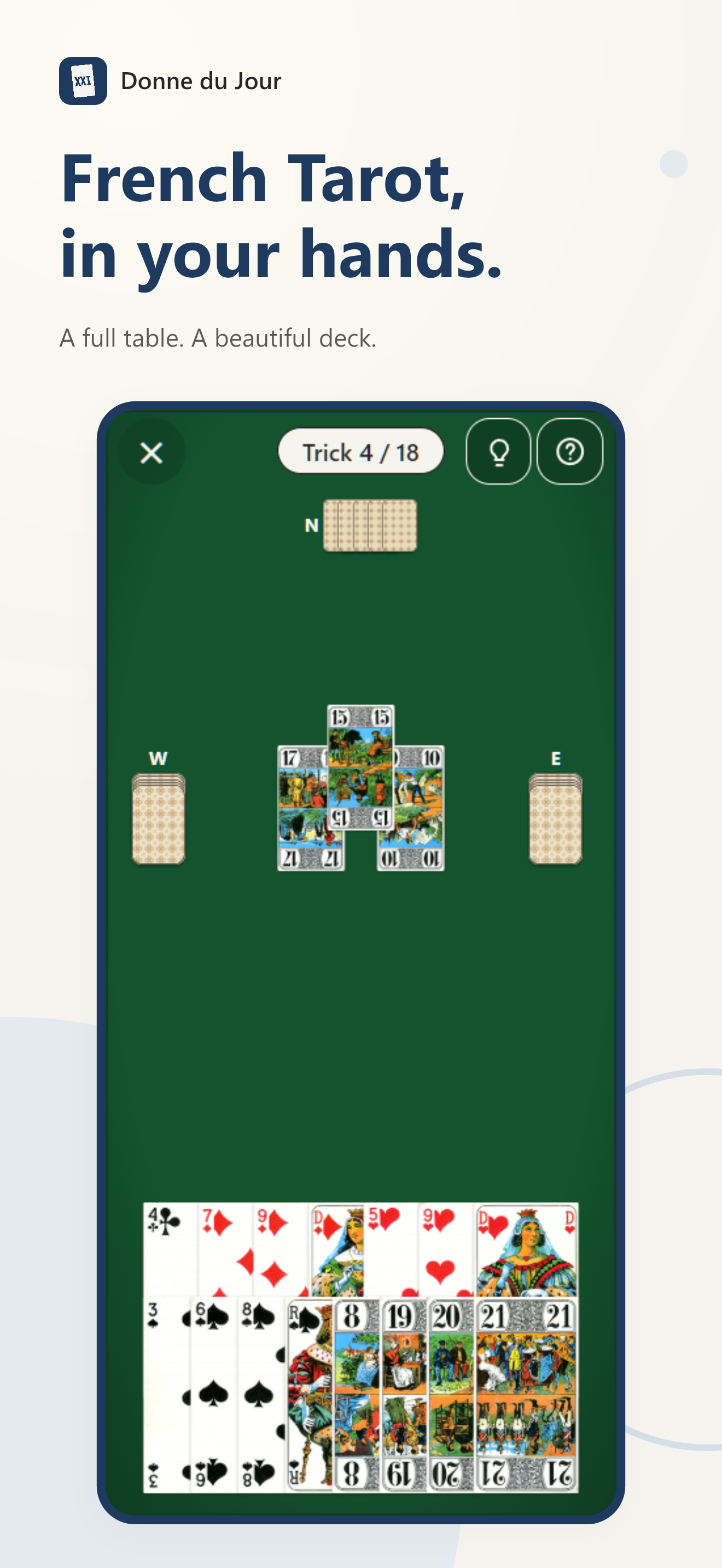 A French Tarot deal with a full table and illustrated cards.