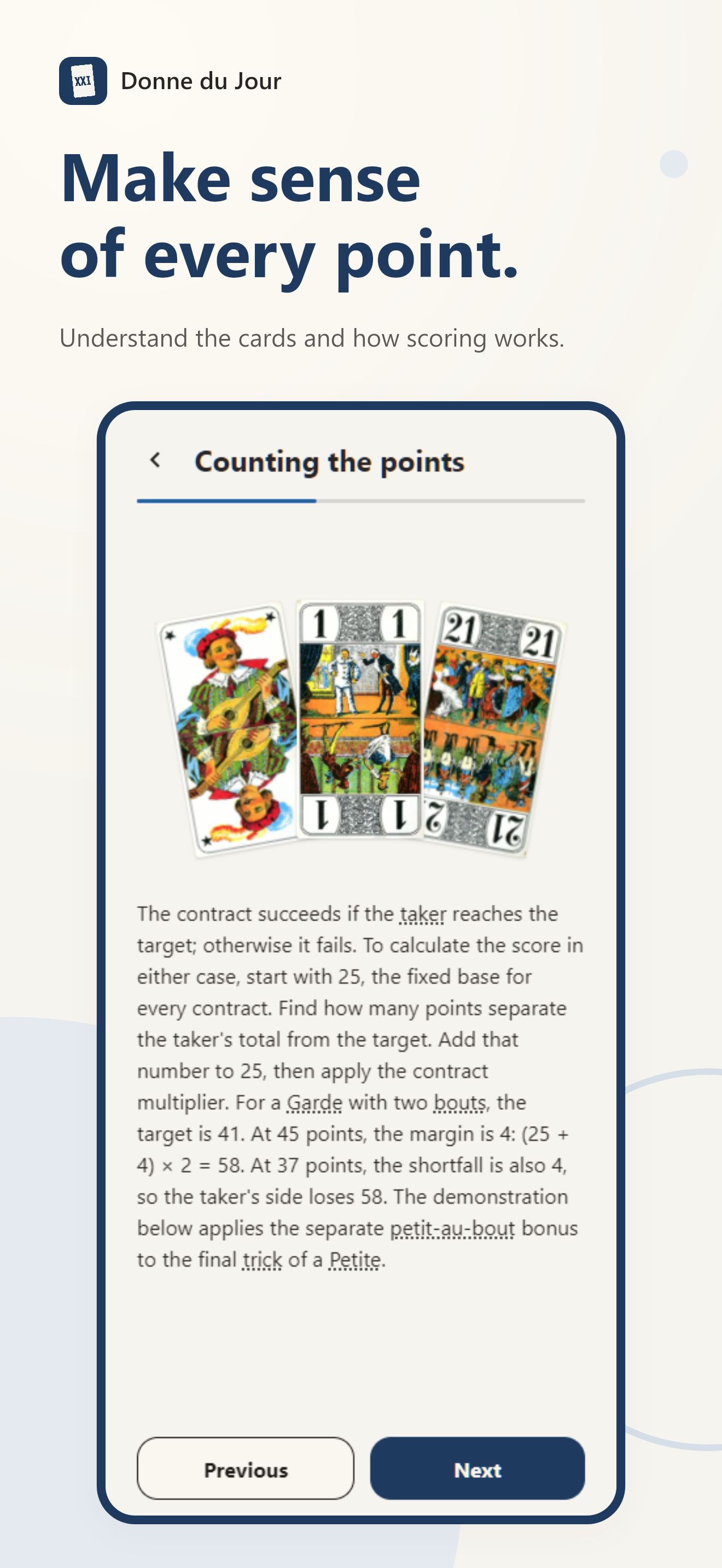 A lesson explains card values and scoring.